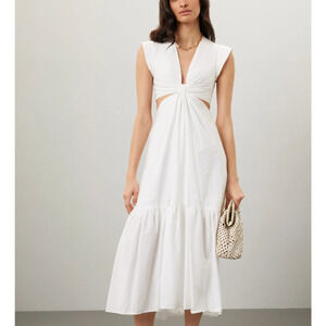 A.L.C. White Plunging Fit Flare Midi Dress SIZE 4 Cut Out Waist Designer $285